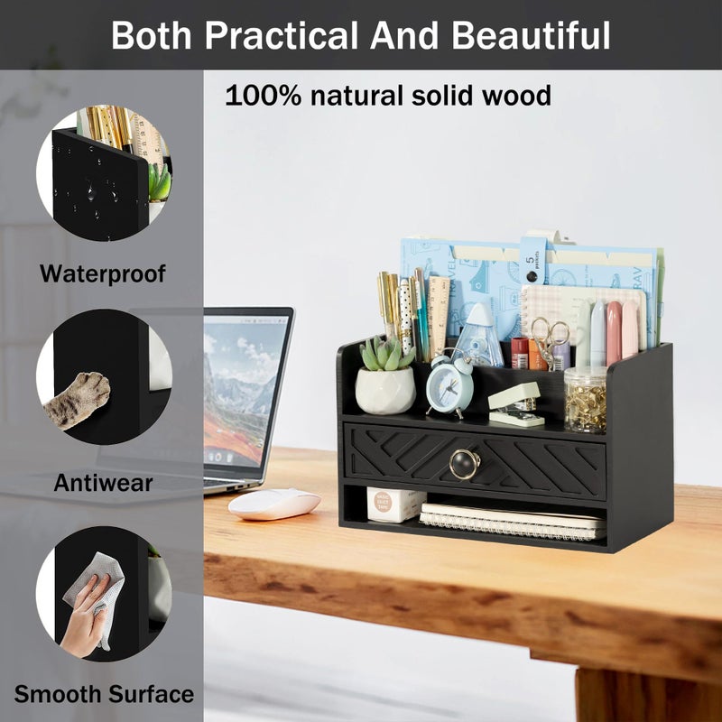 dreampossible Black Wood Desk Organizer and Accessories with Drawer  Bill Mail Organizer and File Mail Holder for Office Supplies  Desk Accessories & Workspace Organizers for Desk Organization - Image 3